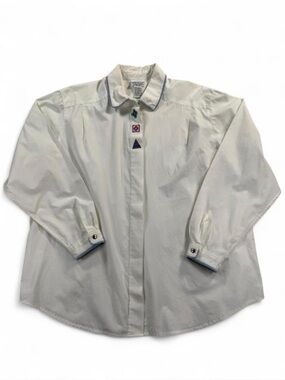 90s Napa Valley Geometric Embroidered White Button-Front Shirt Denim Trim 2X